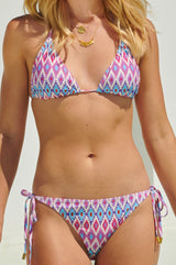 Triangle-Recycled-String-Top-and-String Bikini Tie Side-Bottoms-Aztec-Feathered-Raspberry