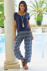 Harem Organic Cotton Trousers | Ikat Navy/White - Aspiga