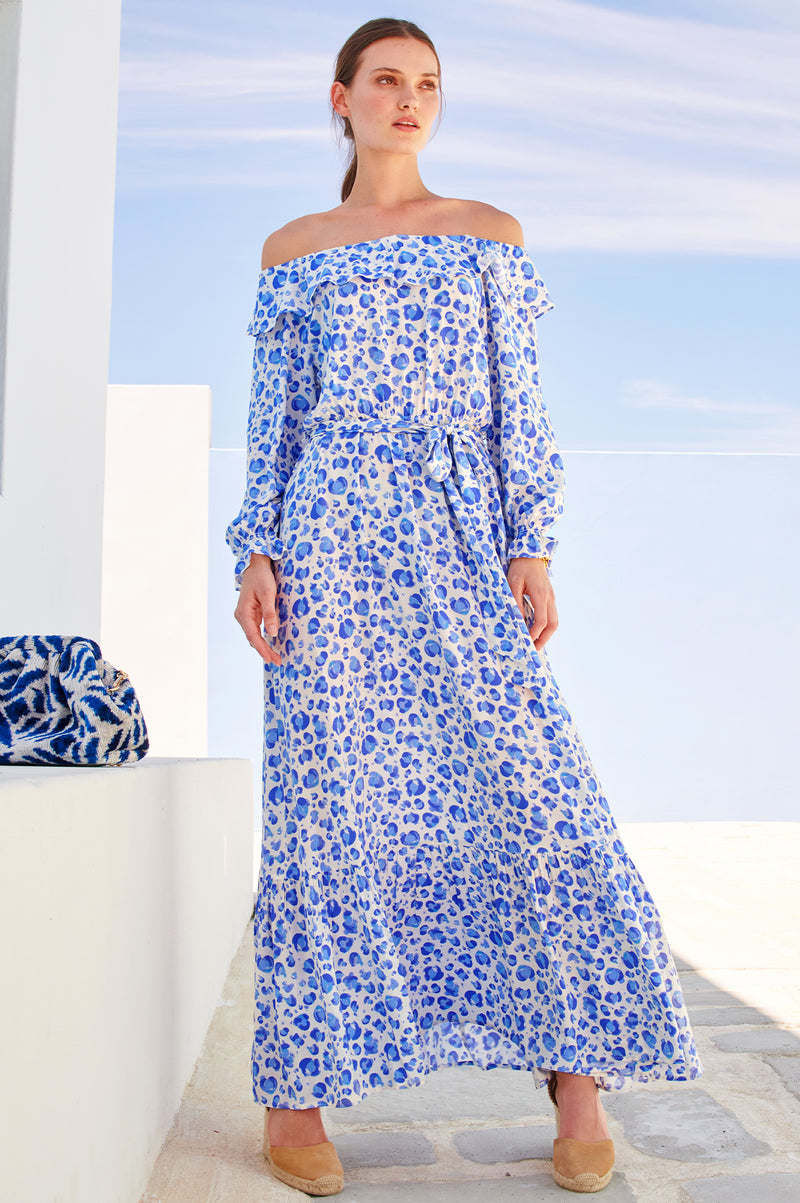 Cecila-Bardot-Dress-Cheetah-Cream/Blue