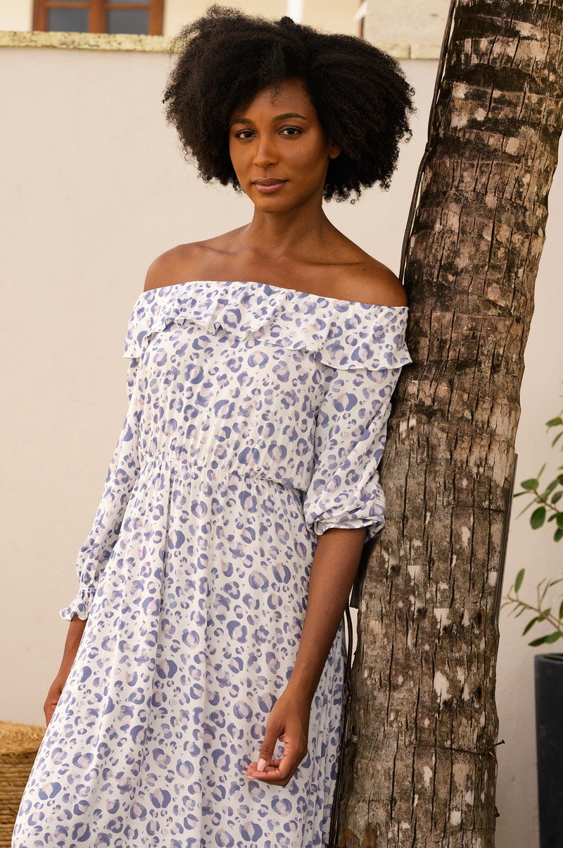 Leia Bardot Maxi Dress Cheetah Grey White