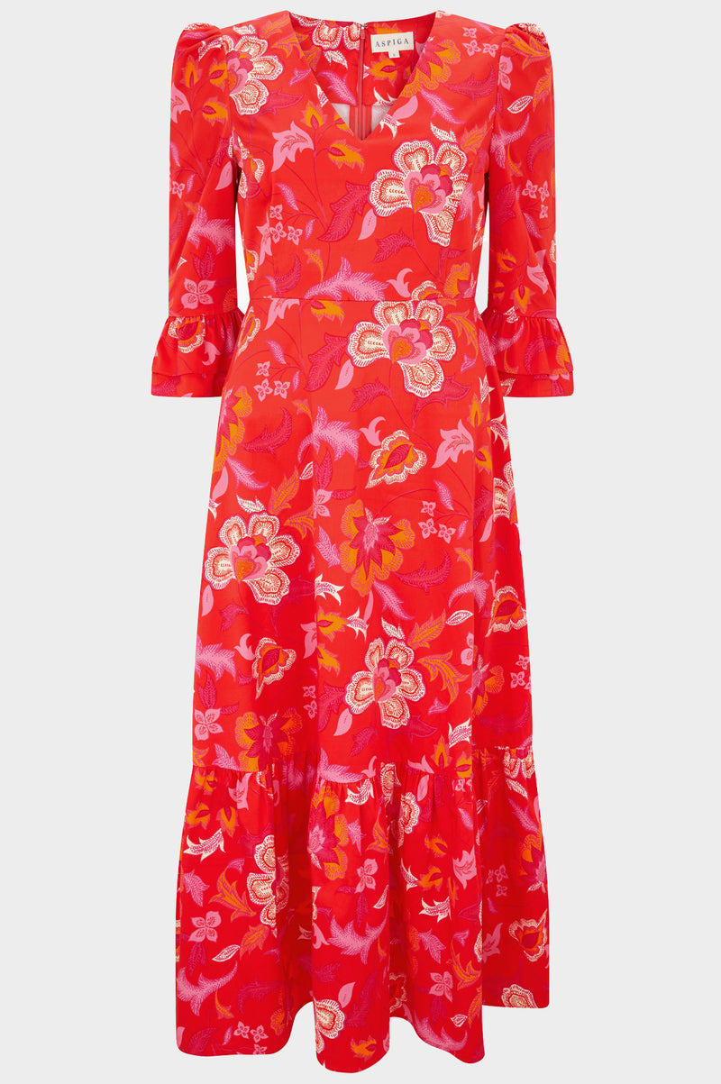 Victoria Cotton Sateen V-Neck Printed Dress | Grand Fleur Orange