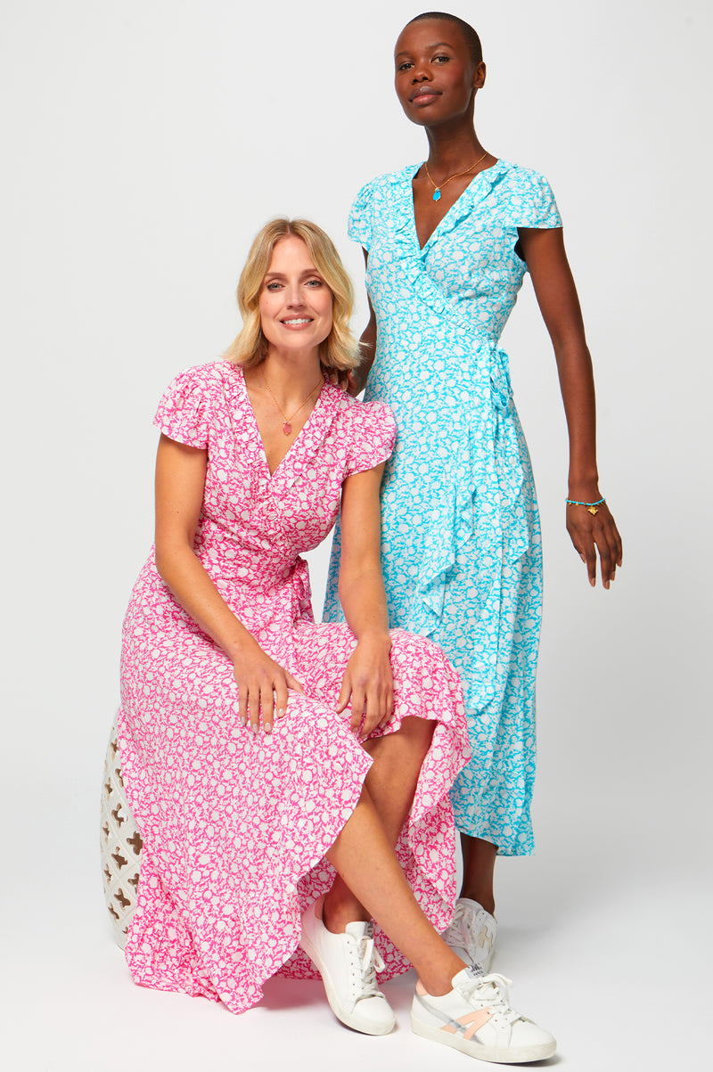 Demi-Wrap Dress-Flower-Turquoise