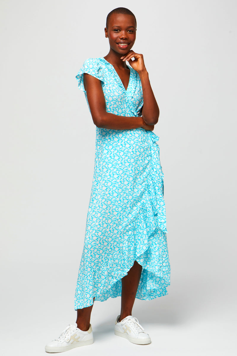 Demi-Wrap Dress-Flower-Turquoise