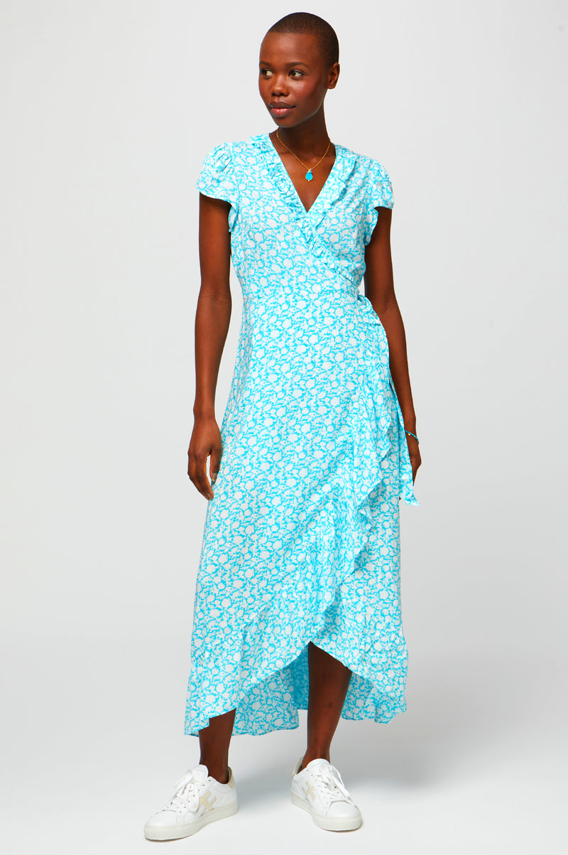 Demi-Wrap Dress-Flower-Turquoise