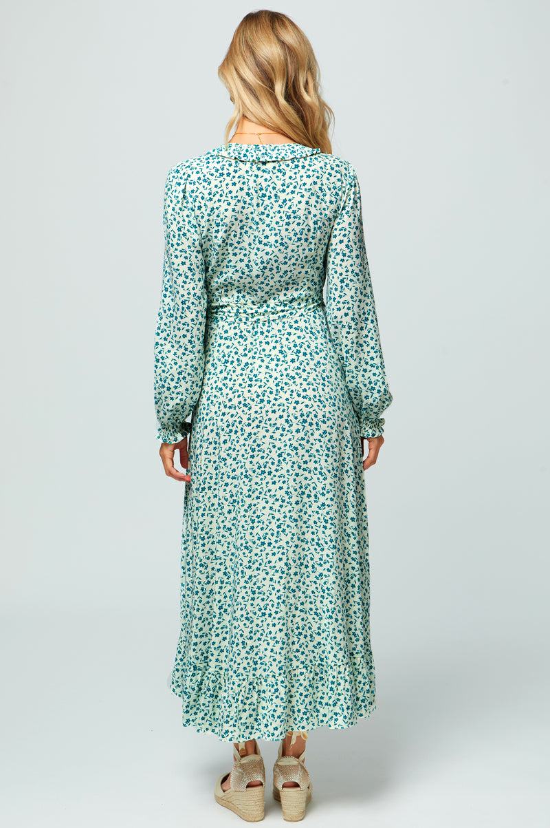 Demi-Long Sleeve-Wrap Dress-Daisy-Flower-Cream-Verdigris