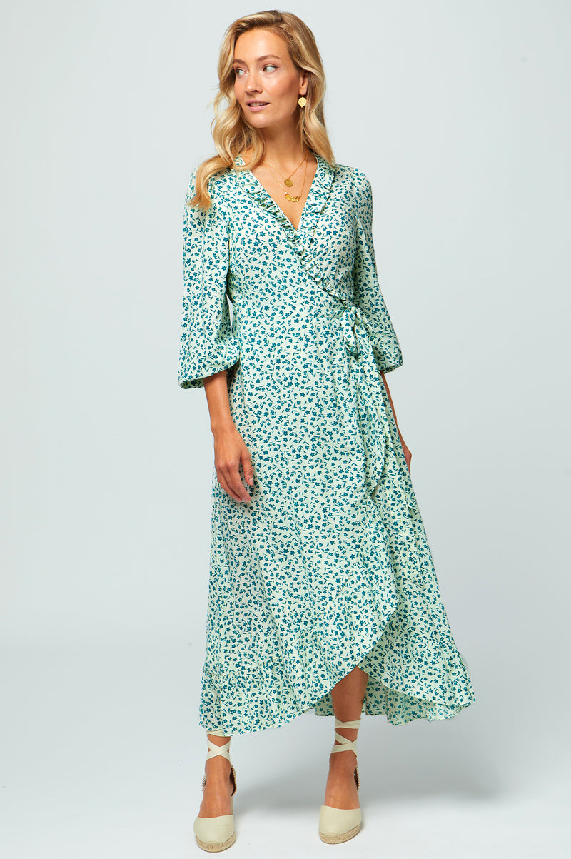 Demi-Long Sleeve-Wrap Dress-Daisy-Flower-Cream-Verdigris