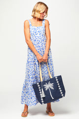 Palm Tree Jute Beach Bag | Navy/Silver