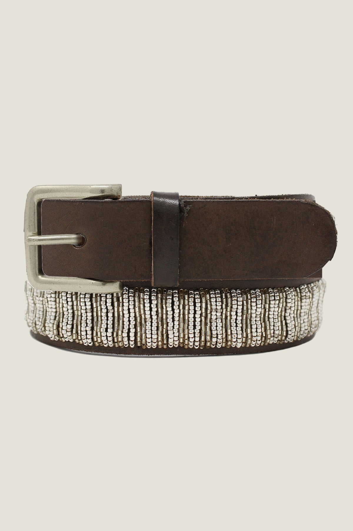 Aspiga Sustainable Leather Maasai Belt | Silver Glass Beads For