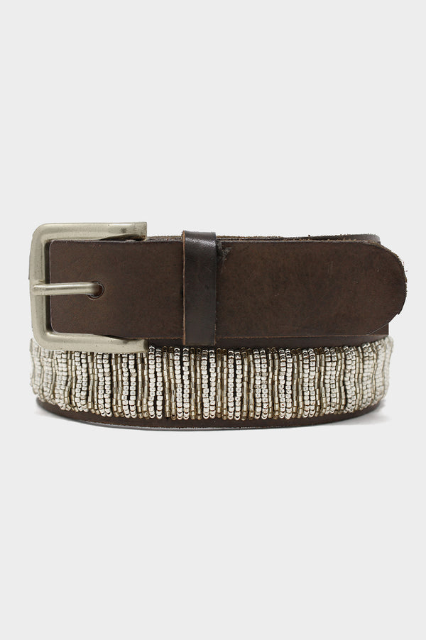 Full Beaded Leather Belt | Silver