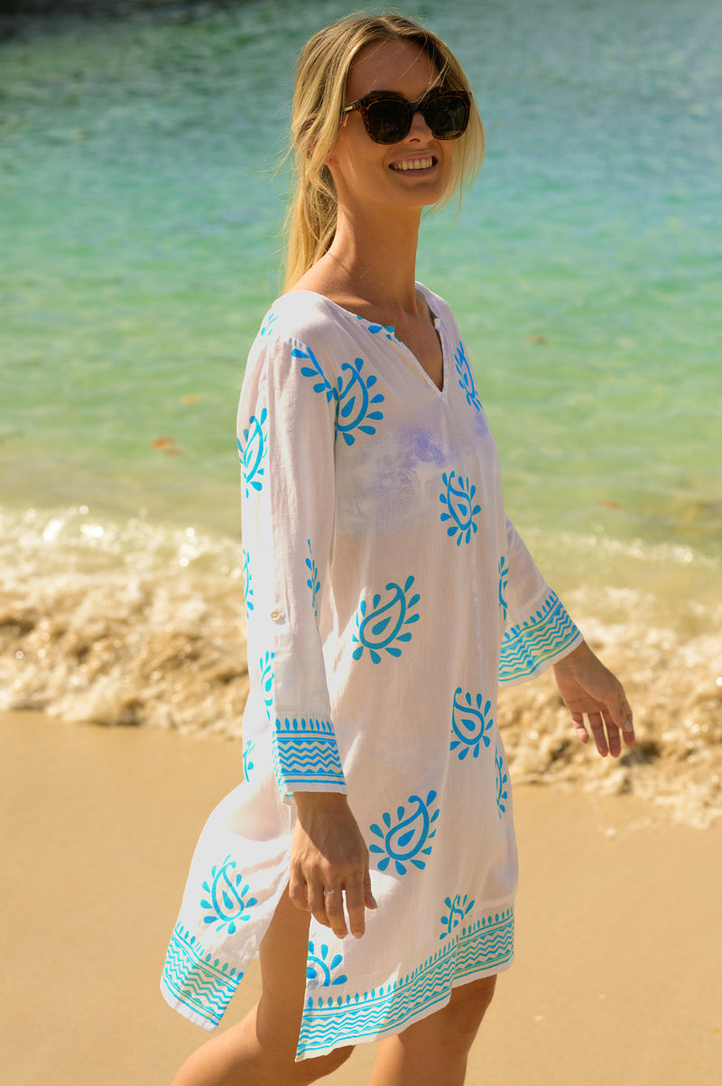Guadalupe-Short-Tunic-Paisley-White/Turquoise