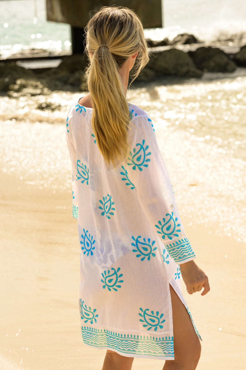 Guadalupe-Short-Tunic-Paisley-White/Turquoise