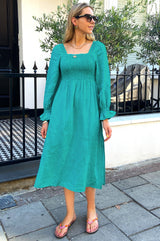 Aspiga Sustainable Ladies Nancy Puff Sleeves Linen Midi Dress | Light Teal