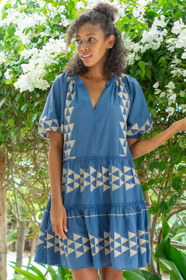 Lyra-Embroidered-Puff-Sleeve-Dress-Indigo-Gold