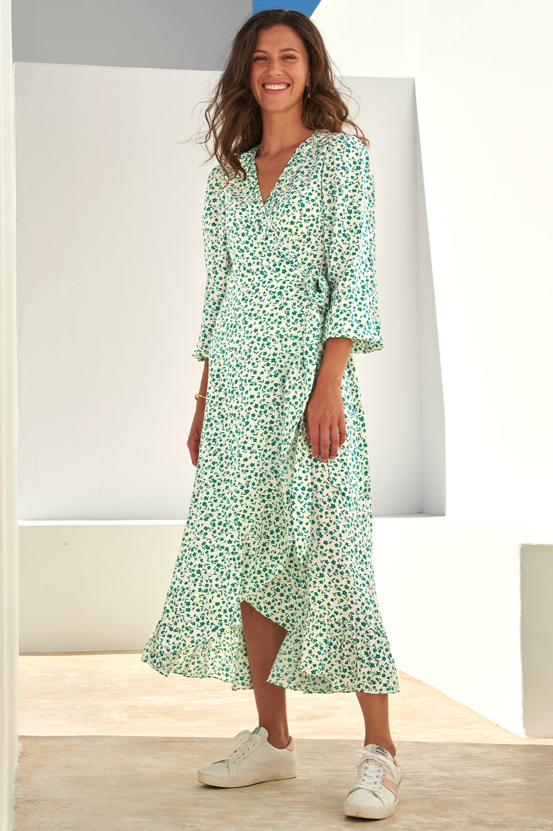 Demi-Long Sleeve-Wrap Dress-Daisy-Flower-Cream-Verdigris