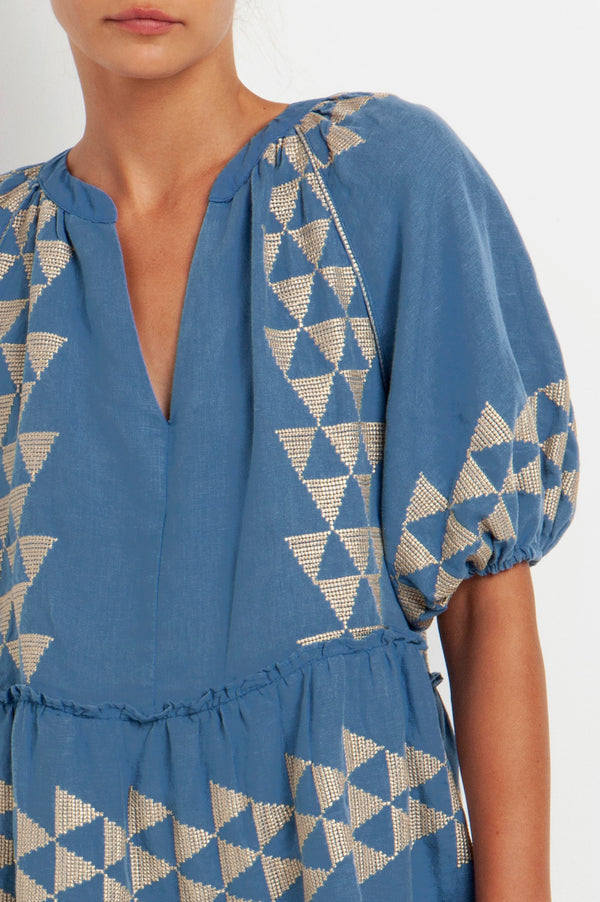 Lyra-Embroidered-Puff-Sleeve-Dress-Indigo-Gold