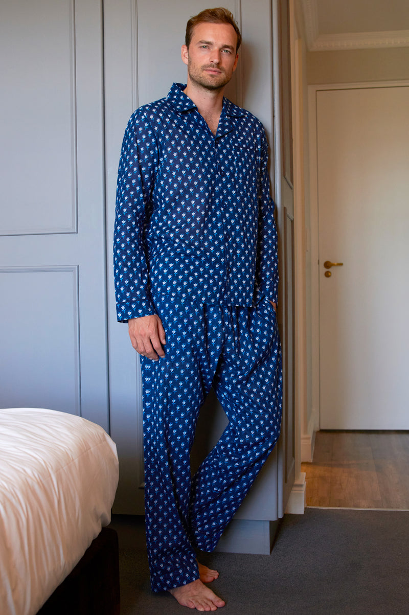 Men's-Pyjama-Set-Belle-Flower-Navy-Marina-Blue