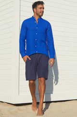 Men's-Nehru-Collar-Linen-Shirt-Cobalt-Blue