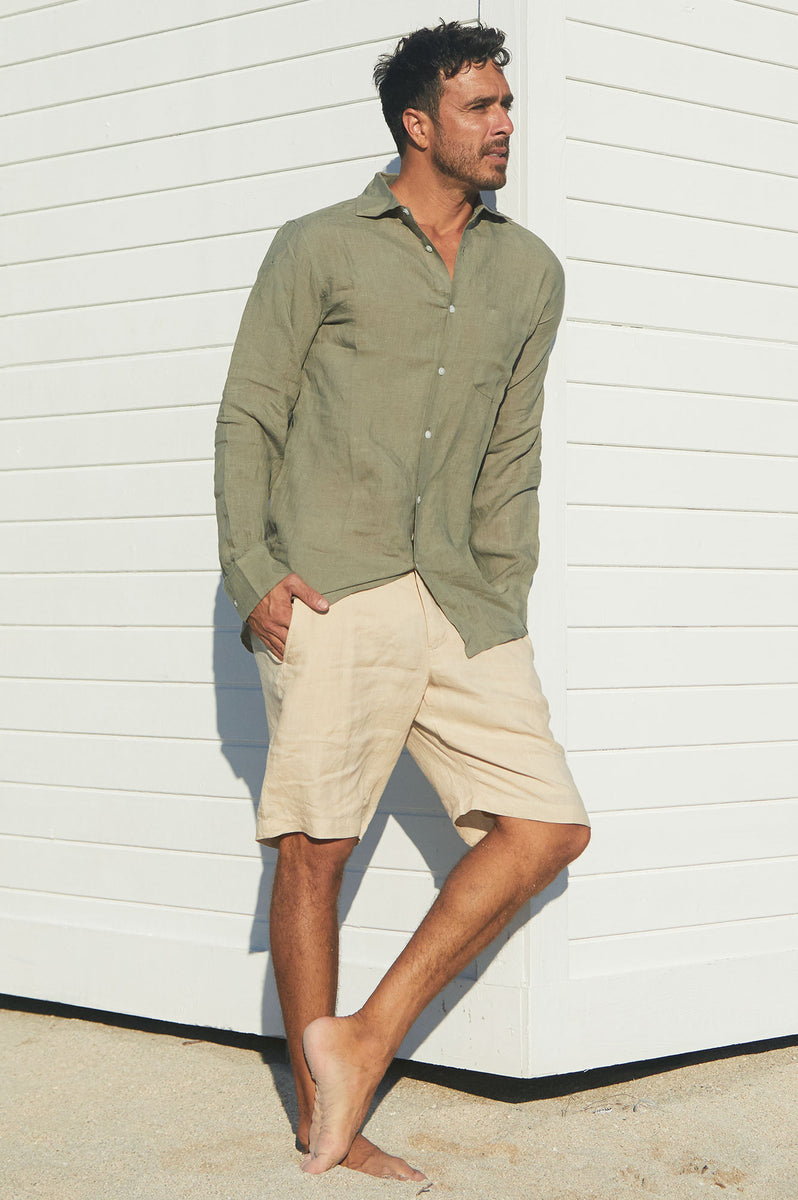 Aspiga Sustainable Linen Menswear Button Down Holiday Shirt | Green