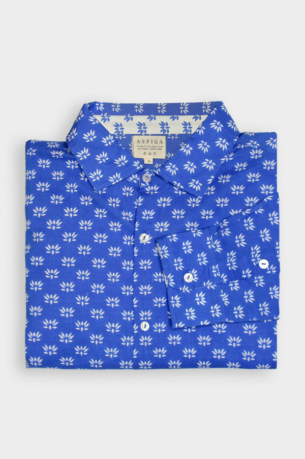 Men's Printed Cotton Shirt | Lotus Bud Blue/White