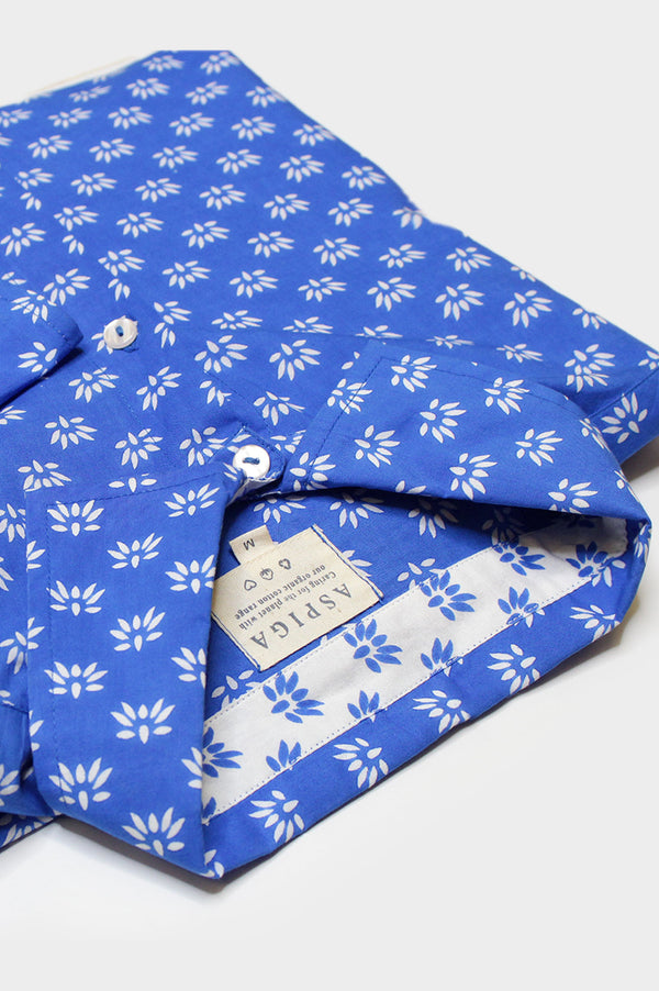 Men's Printed Cotton Shirt | Lotus Bud Blue/White