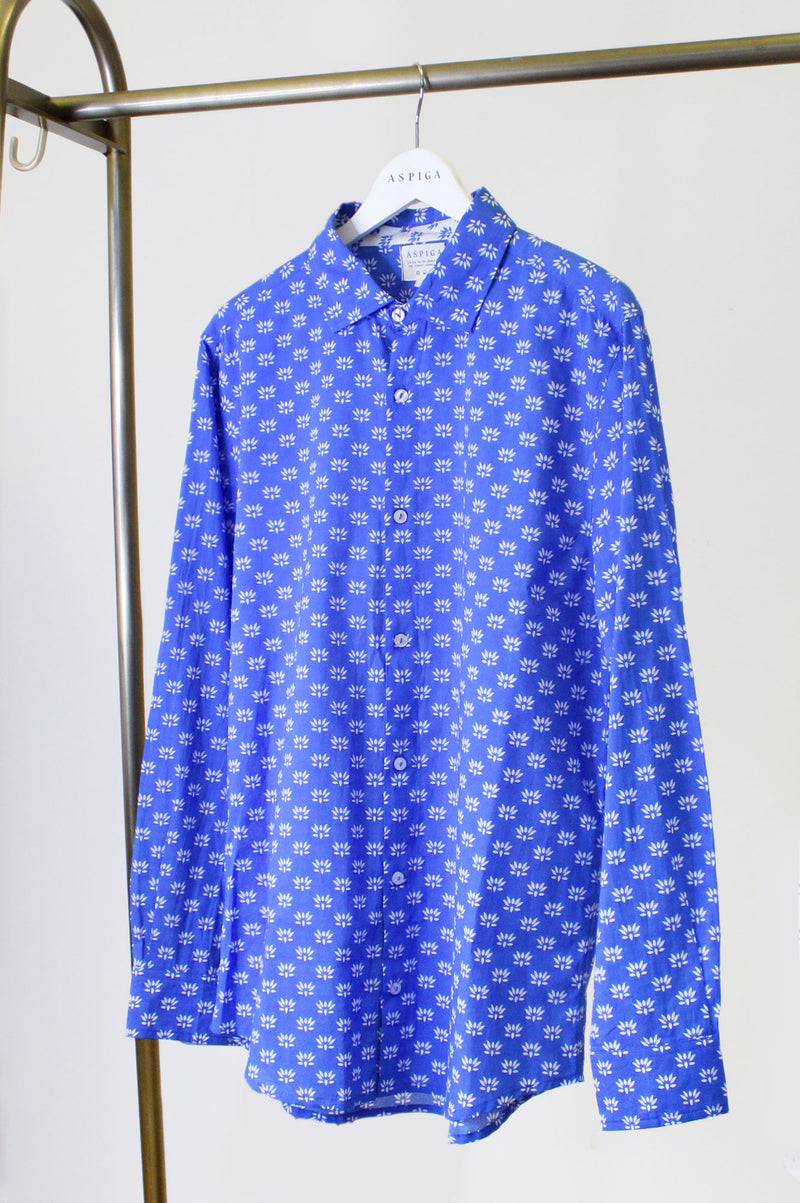 Men's Printed Cotton Shirt | Lotus Bud Blue/White