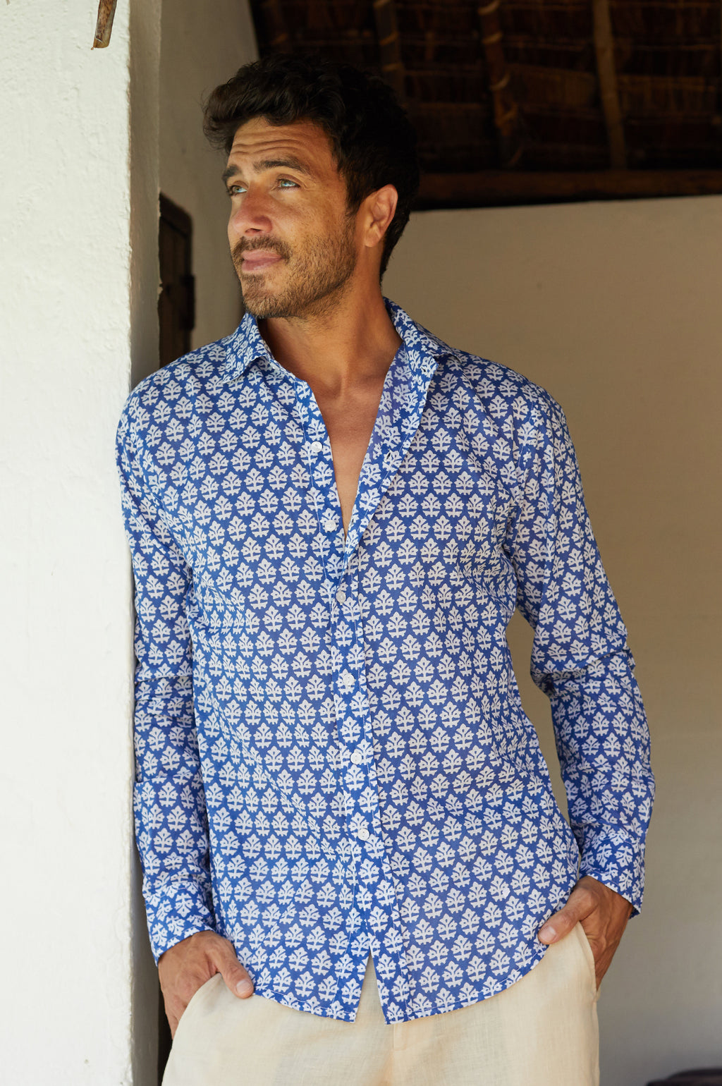 Blue cotton shirt mens store