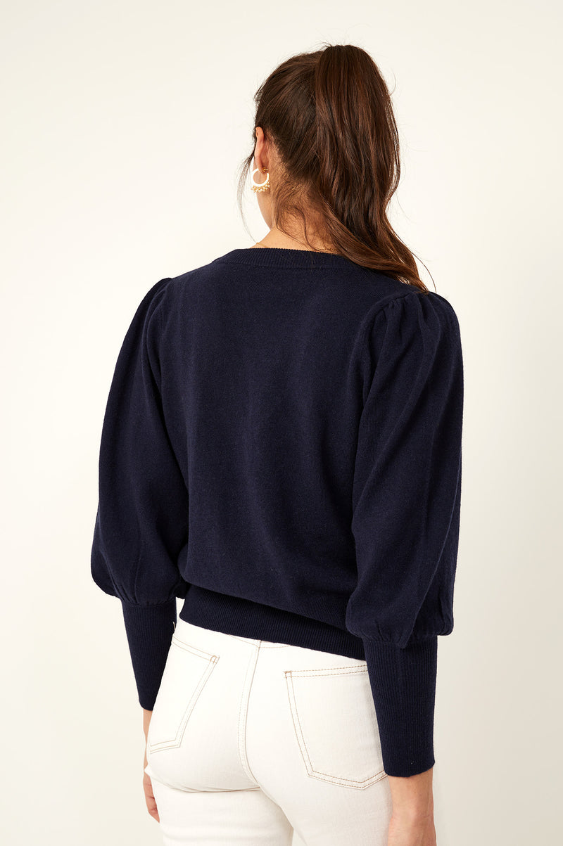 Merino Cashmere V Neck Puff Sleeve Cardigan | Navy