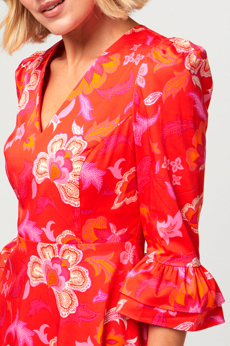 Victoria-Cotton-Sateen-V-Neck-Printed-Dress-Grand-Fleur-Orange