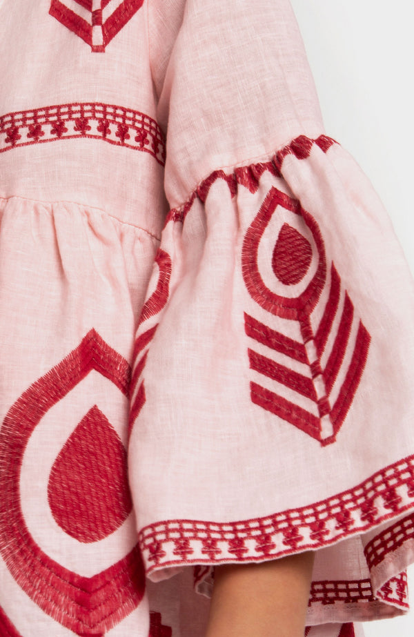 Paraskevi Embroidered Linen Short Dress | Pink/ Red