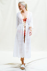 Tina Open Front Lace Maxi Kaftan | White