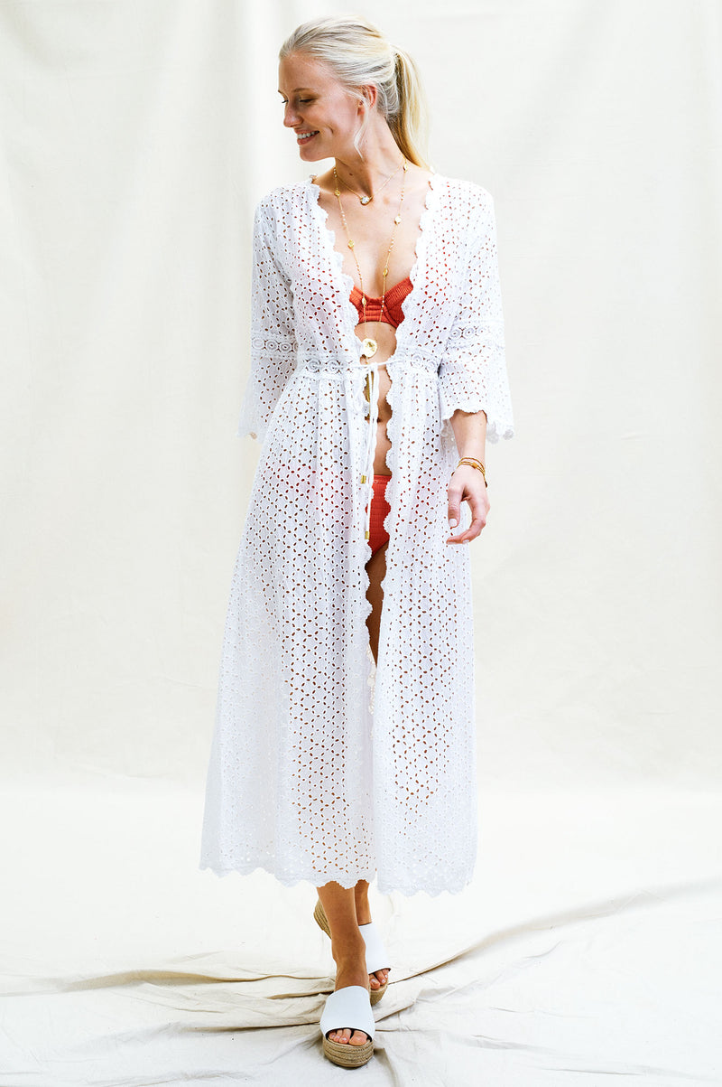 Tina Open Front Lace Maxi Kaftan | White