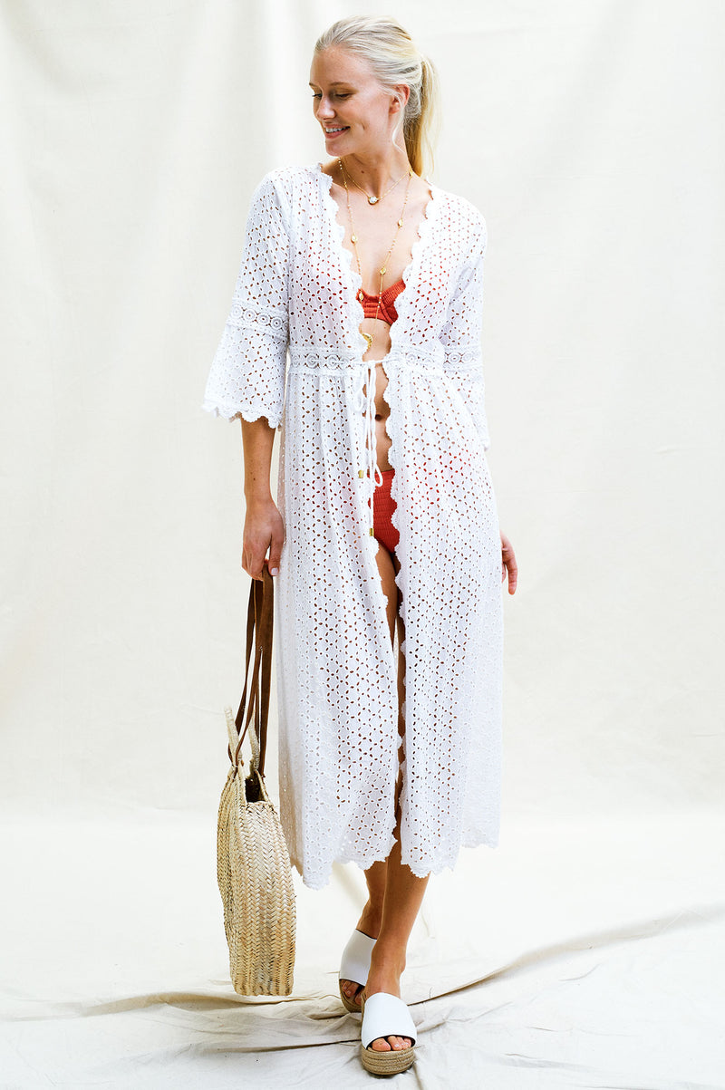 Tina Open Front Lace Maxi Kaftan | White
