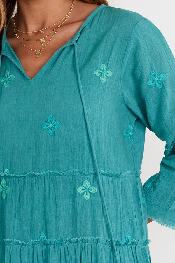 Willow Embroidered Cotton Dress | Light TealWillow Embroidered Cotton Dress | Light Teal