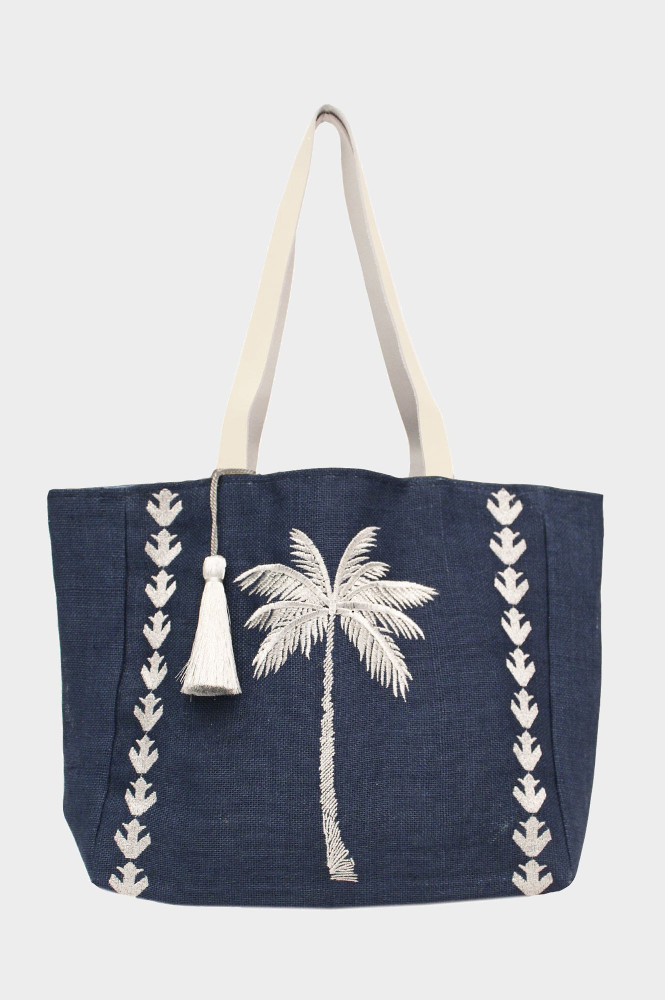 Palm Tree Jute Beach Bag | Navy/Silver – Aspiga