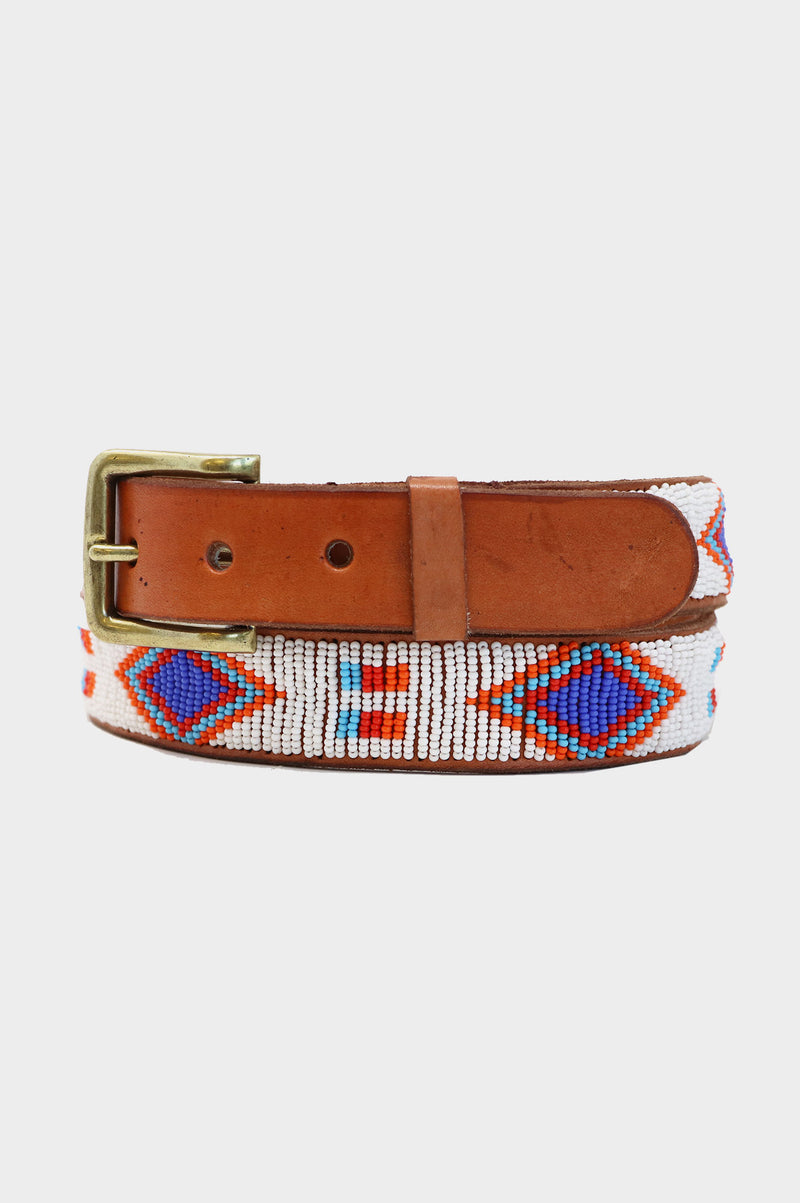 Diamond and Squares Leather Belt | White/Orange/Blue