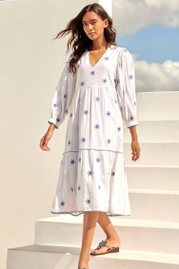 Iona-Embroidered-Dress White-Blue-Grey