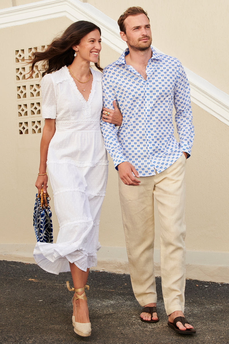 Men's-Organic-Cotton-Shirt-Lotus-Bud-White/Blue