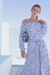 Leia Bardot Maxi Dress | Cheetah Cream/Blue