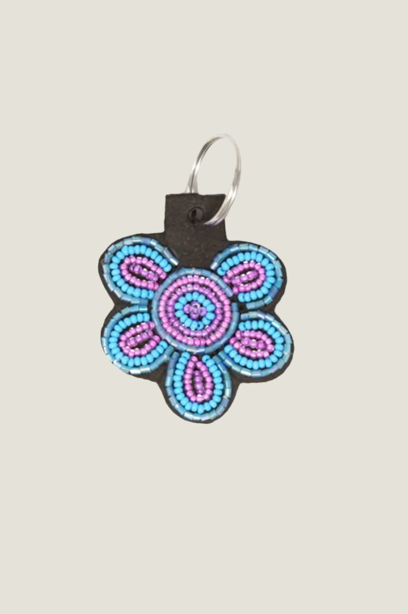 Aspiga Sustainable Kenyan Beaded Flower Keyring Leather and Glass Blue Pink