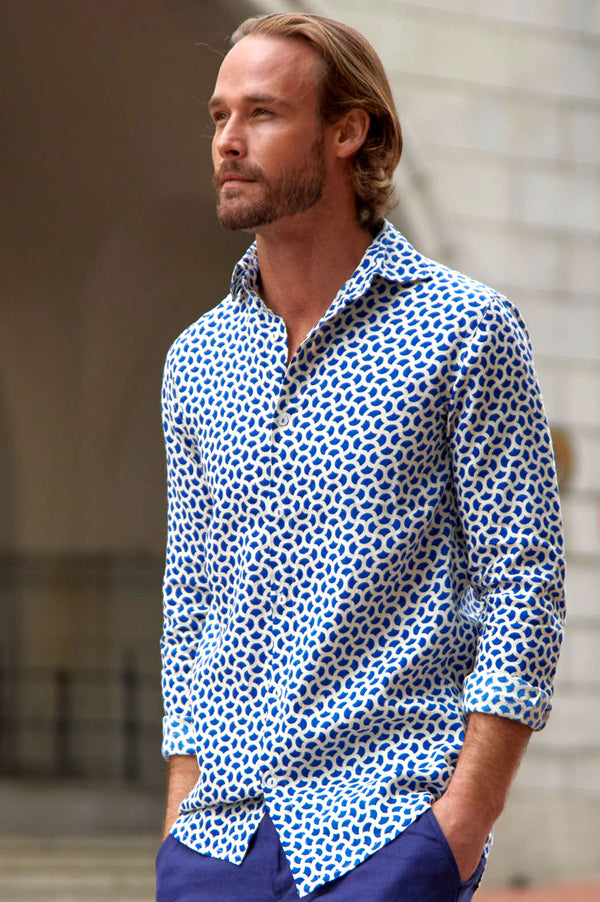 Men's Printed Linen Shirt | Geo Blue/Ivory