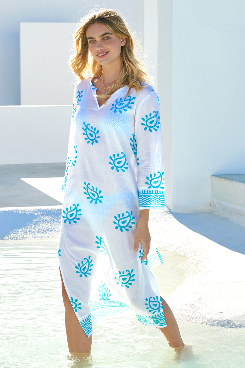 Guadalupe-Maxi-Pailsey-White/Turquoise