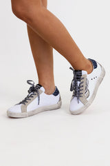 Leather Low Top Glitter Trainers | White/Navy