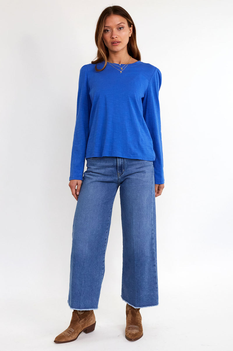Long Sleeve Puff Shoulder T-Shirt | Cobalt Blue