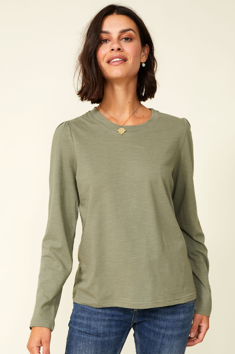 Long Sleeve Puff Shoulder T-Shirt | Khaki