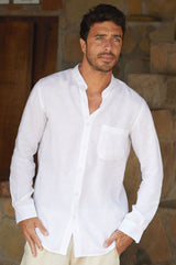 Men's Nehru Collar Linen Shirt | White - Aspiga