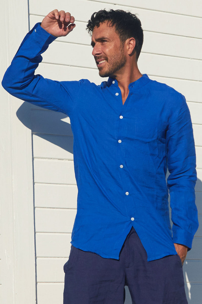 Men's-Nehru-Collar-Linen-Shirt-Cobalt-Blue