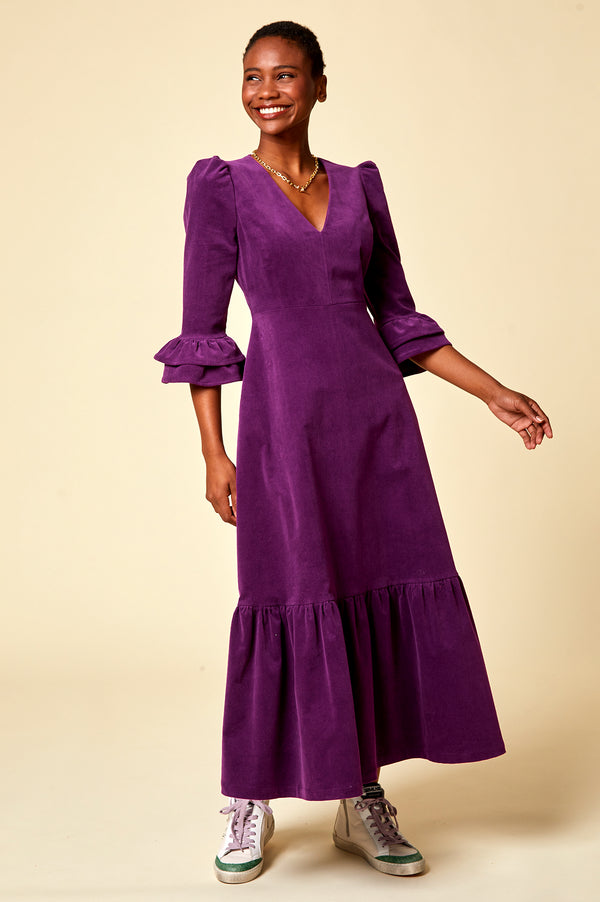 Victoria-V-Neck-3/4-Sleeve-Corduroy-Dress-Purple