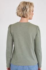 Long Sleeve Puff Shoulder T-Shirt | Khaki