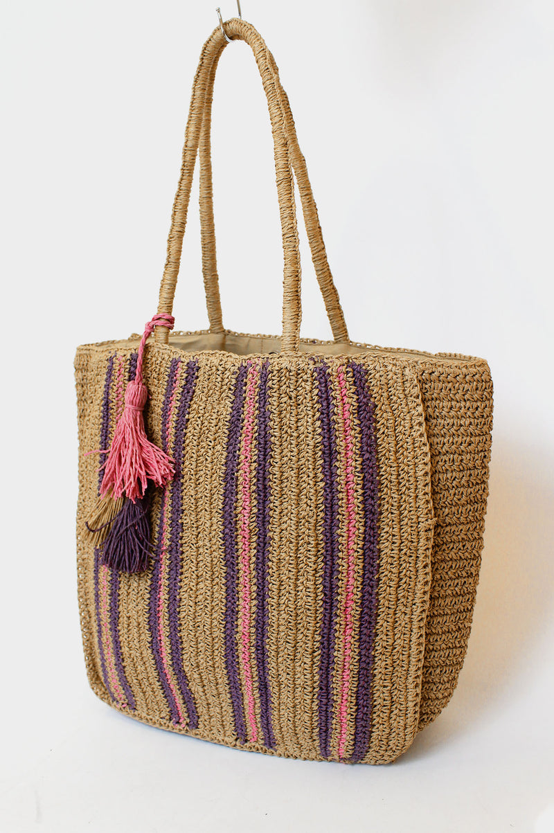 Raffia Striped Tote Bag | Natural/ Pink