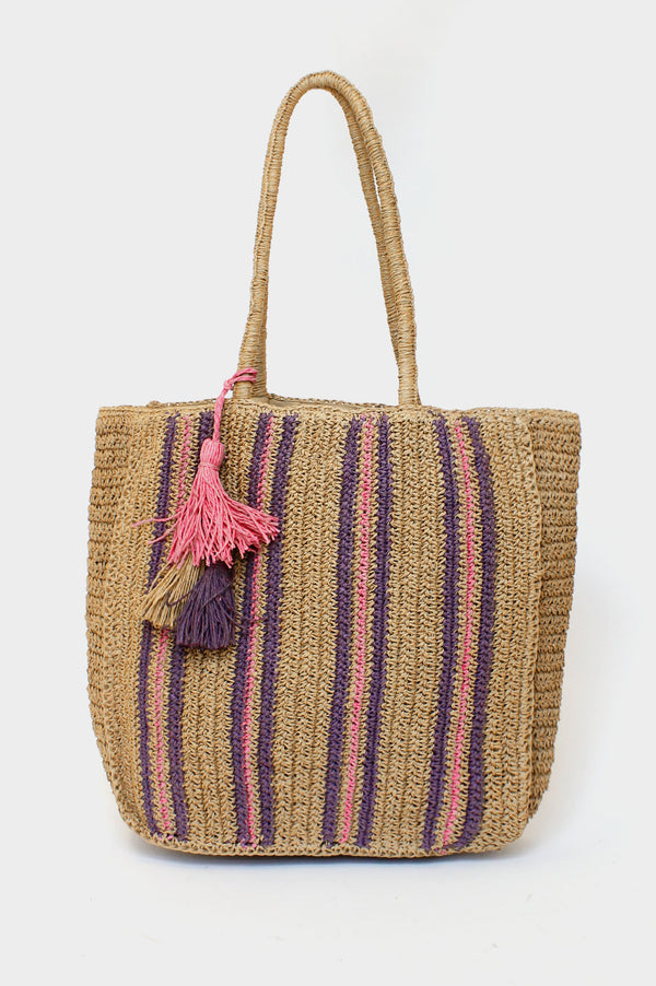 Raffia Striped Tote Bag | Natural/ Pink